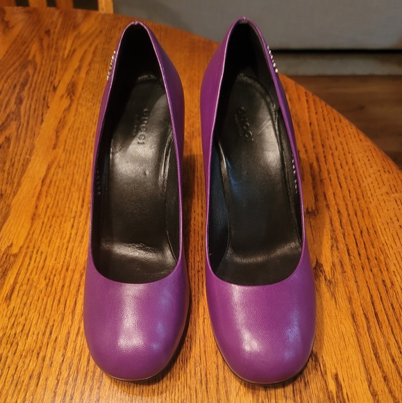 Gucci Purple Genuine Leather Round Toe Side Logo Shoes Pumps Heels - Picture 9 of 16